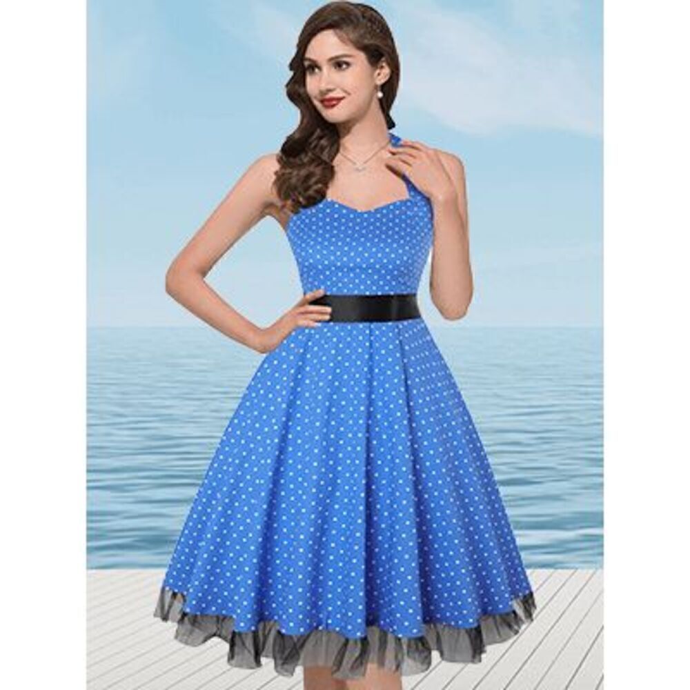 💙 NWT Pinup Retro 1950s Blue Polka Dot Tulle Hem Halter Tea Dress with Belt M - Picture 2 of 14